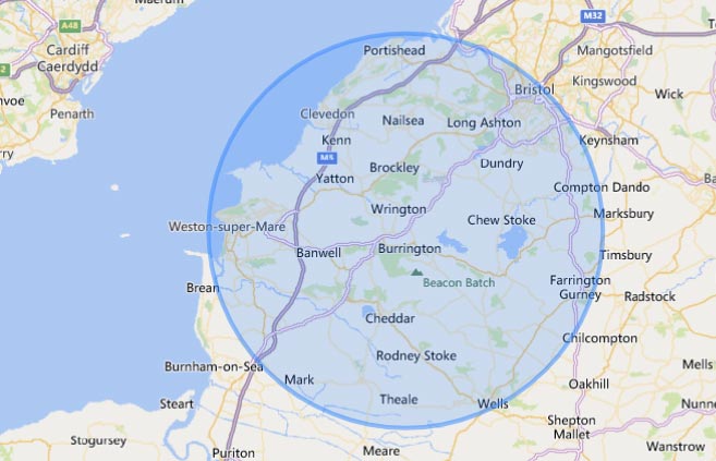 Map showing a radius of 30 miles around Wrington, Somerset